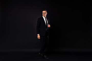Full length body size view portrait of his he nice-looking elegant chic attractive content director shark professional economist banker lawyer attorney isolated over black background