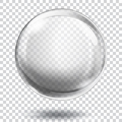 Fototapeta na wymiar Big translucent gray sphere with glares and shadow on transparent background. Transparency only in vector format