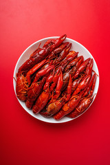 A large bowl of bright red delicious crayfish on a red background