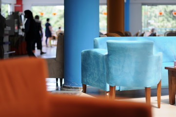 Blue chairs, table in modern interior. Elements of the interior.