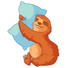 Cute sleepy ginger sloth hugging a white pillow.  It can be used for sticker, patch, phone case, poster, t-shirt, mug and other design. Vector cartoon character.