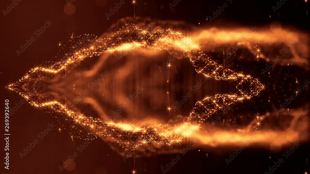 Poster glow particles form sci-fi cosmic background. looped 3d animation. golden red symmetrical structures