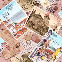 Fototapeta na wymiar Hand written letters, vintage photo, travel post cards, postal stamps. Repeating retro pattern, aged paper texture