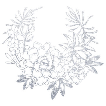 Round wreath of flowers drawn by hand in silver. Illustration of a flower on a white background