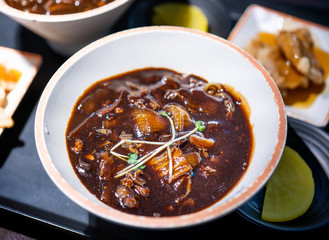 Jajangmyeon, jjajangmyeon, fried sauce noodle, delicious korean traditional noodles cuisine with korea black bean paste sauce, close up, copy space