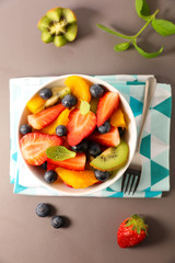 fruit salad with blueberry, strawberry, kiwi and orange