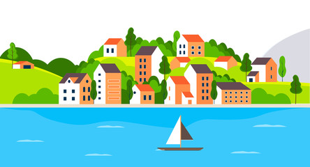 City landscape with buildings, lakeand trees. Background for header images for websites, banners, covers and etc.