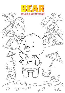 Cute bear cartoon character, vector illustration. Coloring book for kids.