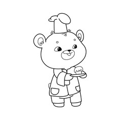 Сhef with cake - сute bear cartoon character, vector illustration. Coloring book for kids.