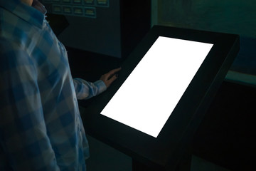 Mock up, copyspace, template, education, future and technology concept - woman looking at white...