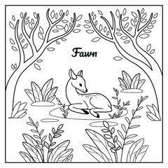 Good fawn in forest. Coloring book for kids. Cartoon vector illustration for prints, posters, t-shorts and postcards.