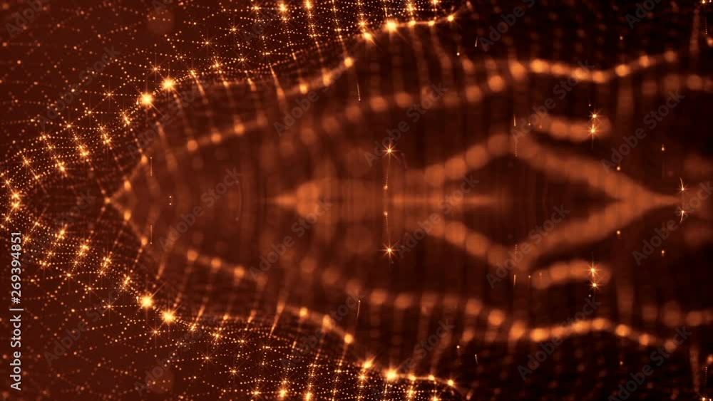 Poster glow particles form sci-fi cosmic background. looped 3d animation. golden red symmetrical structures