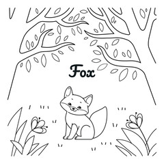 Good fox sitting in forest. Coloring book for kids. Cartoon vector illustration for prints, posters, t-shorts and postcards.