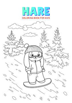 Snowboarder - cute hare cartoon character, vector illustration. Coloring book for kids.