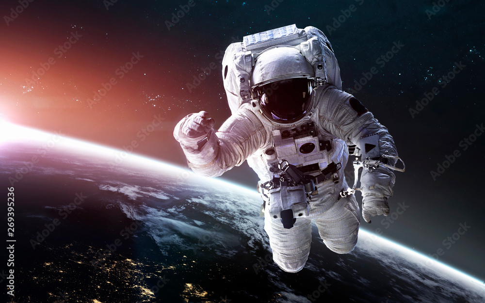 Wall mural look on our planet from orbital international space station iss, astronaut at spacewalk. elements of