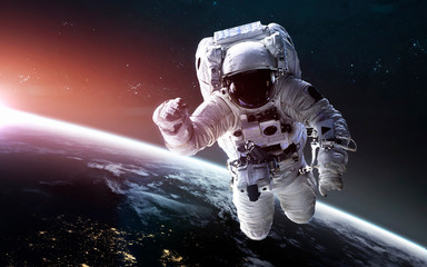 Look on our planet from orbital international space station ISS, astronaut at spacewalk. Elements...