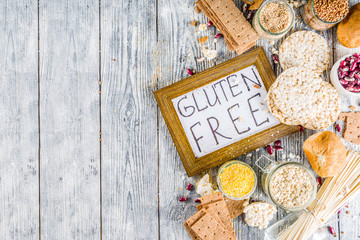 Healthy eating, dieting, balanced food concept. Assortment of gluten free food - beans, flour, almond, corn, rice. wooden table copy space