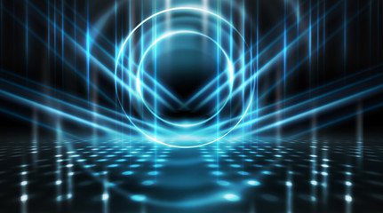 Background of empty stage show. Neon light and laser show. Laser futuristic shapes on a dark background. Abstract dark background with neon glow