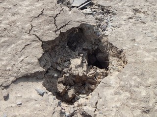 Ravine in the sand. The failure of the soil close-up. Soil erosion.