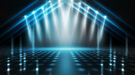 Background of empty stage show. Neon light and laser show. Laser futuristic shapes on a dark background. Abstract dark background with neon glow