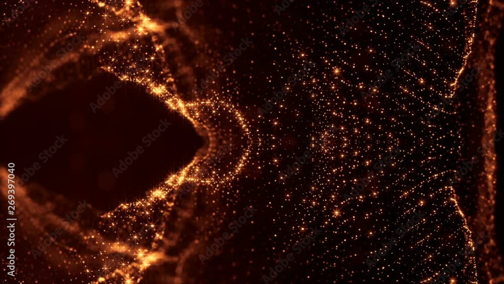 Poster glow particles form sci-fi cosmic background. looped 3d animation. golden red symmetrical structures