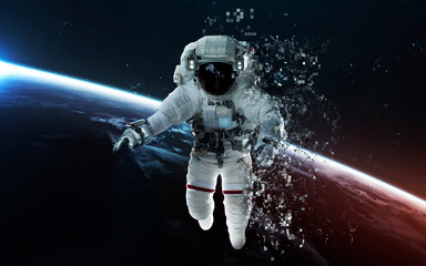 Modern art of astronaut at deep space. Pixelization. Elements of this image furnished by NASA