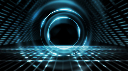 Background of empty stage show. Neon light and laser show. Laser futuristic shapes on a dark background. Abstract dark background with neon glow