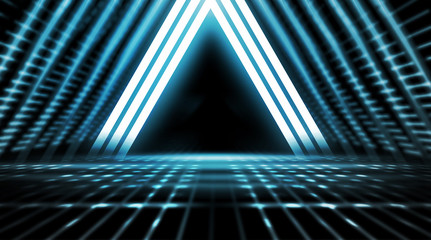Background of empty stage show. Neon light and laser show. Laser futuristic shapes on a dark...