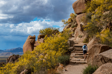 Lone Hiker Going Up Desert Hiking Trail In Arizona