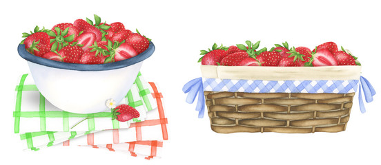 Strawberry in a bowl , a cup, a jug and a basket, watercolor painting. For design cards, banners and textile.
