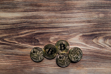 golden bitcoin coin on us dollars close up. Electronic crypto currency