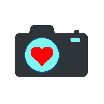 Camera with heart on white background icon