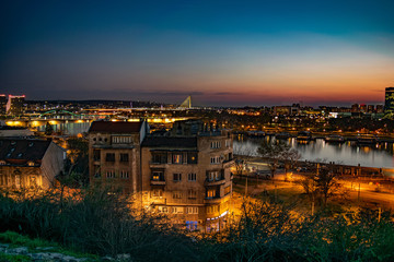 Fototapeta na wymiar Night view of new buildings in Belgrade, where new and old are connected,view from kalemegdan fortress
