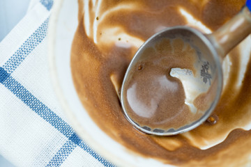 Metal ice cream scooper and chocolate ice cream has been eating