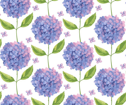 Japanese style background. Vector Hydrangea round bouquet seamless pattern. Floral stock vector illustration