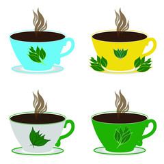 Seth four tea cups of different colors with hot black tea and tea leaves on a white background