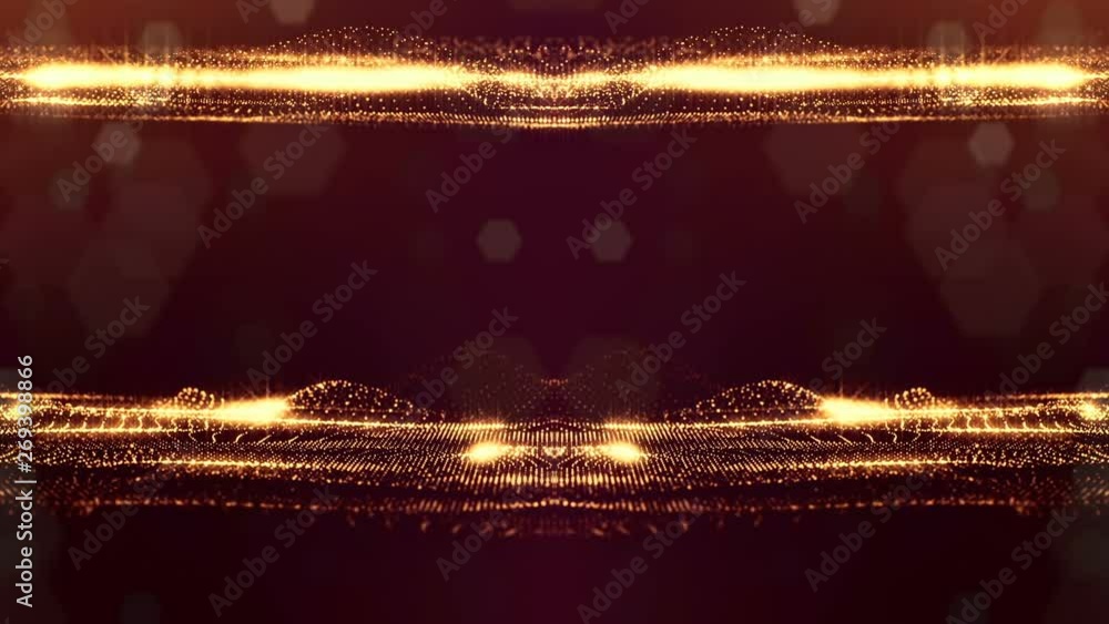 Poster glow particles form sci-fi cosmic background. looped 3d animation. golden red symmetrical structures