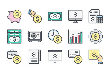 Money and payment related color line icon set. Finance and banking linear icons. Investment colorful outline vector sign collection.