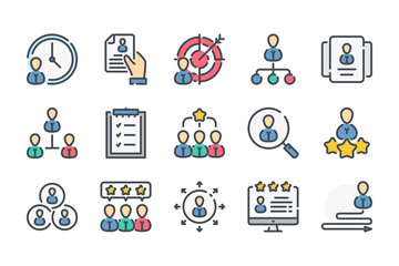 Employment related color line icon set. Business people linear icons. Recruitment colorful outline vector sign collection.
