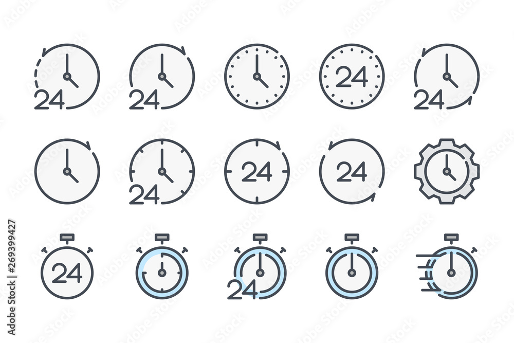 Poster clock and time related color line icon set. watch and stopwatch linear icons. countdown colorful out