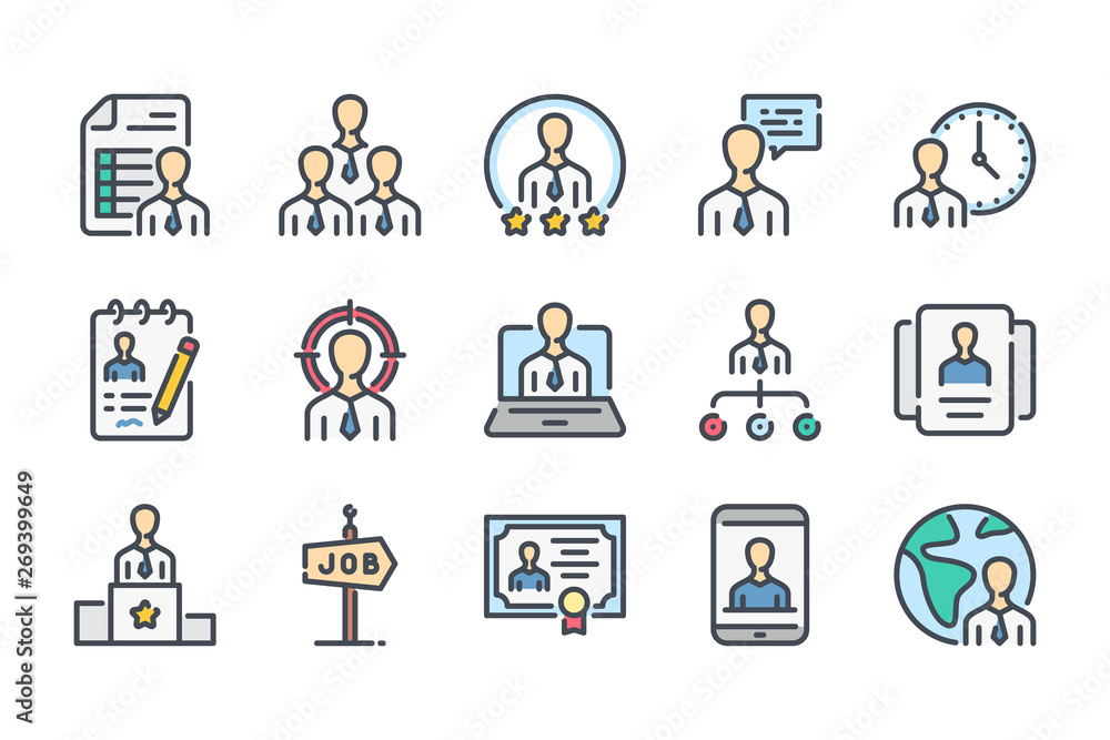 Poster recruitment and head hunting related color line icon set. candidate and interview linear icons. job 