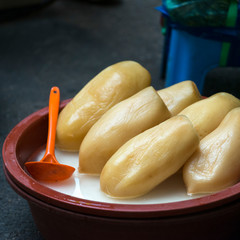 Close-up of Danmuji (yellow pickled radish), Dongdaemun Market, Seoul, South Korea