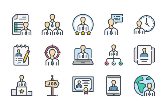 Recruitment and Head Hunting related color line icon set. Candidate and interview linear icons. Job organization colorful outline vector sign collection.
