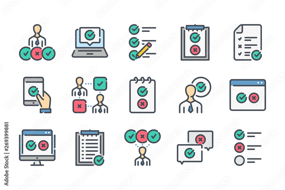 Poster survey related color line icon set. quiz and feedback report linear icons. checklist colorful outlin