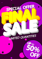Final Sale, poster design template, special offer, up to 50% off, vector illustration