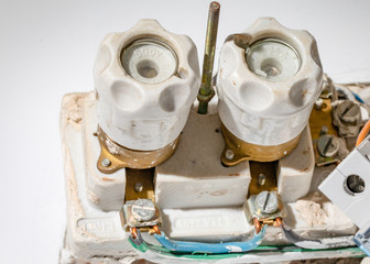Old fuse and wires connectors, improvised dangerous, hazardous electric arrangement