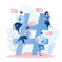 Big hashtag sign and different people with smartphones,characters with gadgets