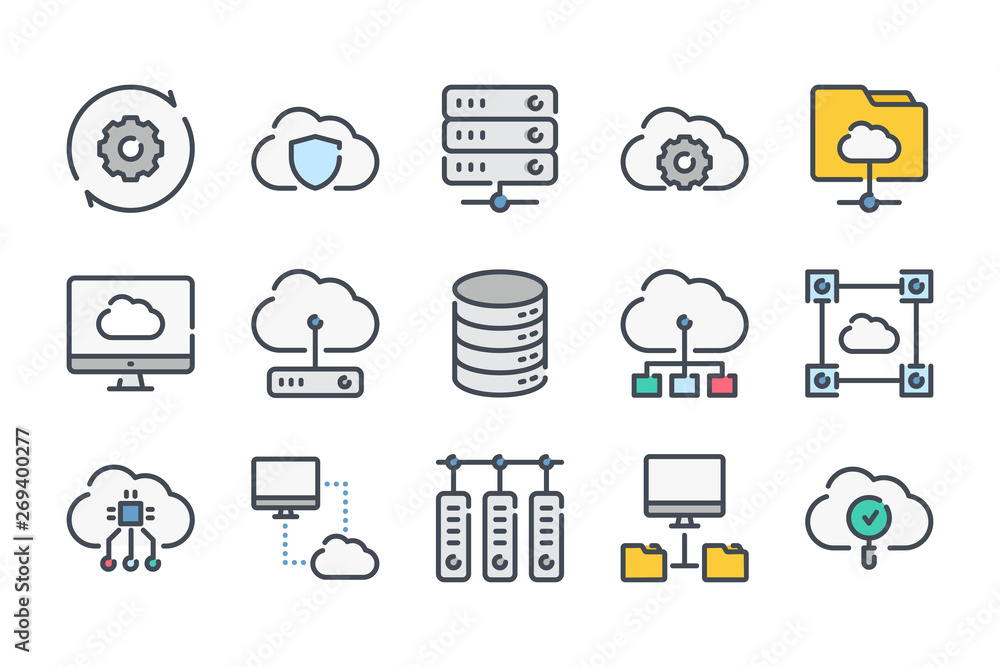 Poster cloud computing related color line icon set. computer system linear icons. cloud services colorful o