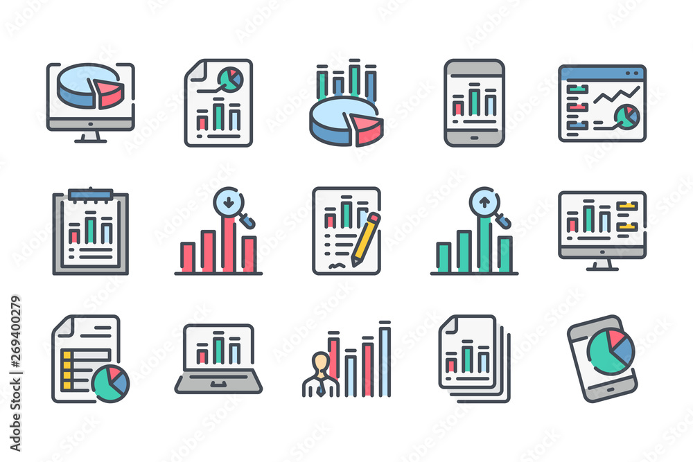 Poster statistics related color line icon set. data report linear icons. presentation stats and infographic