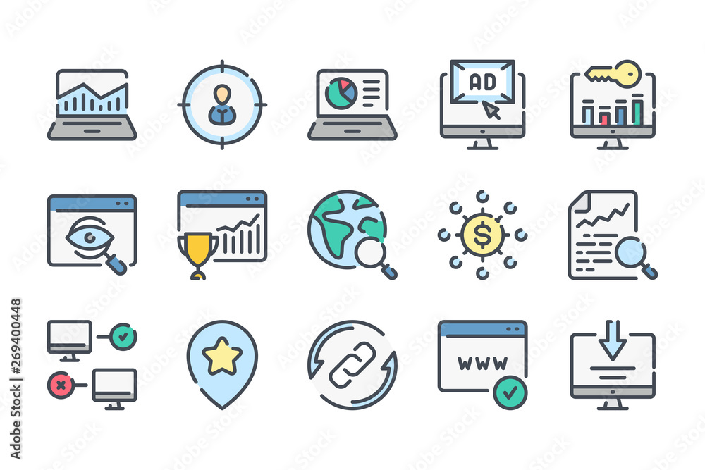 Aufkleber search engine optimization related color line icon set. business and marketing linear icons. seo col